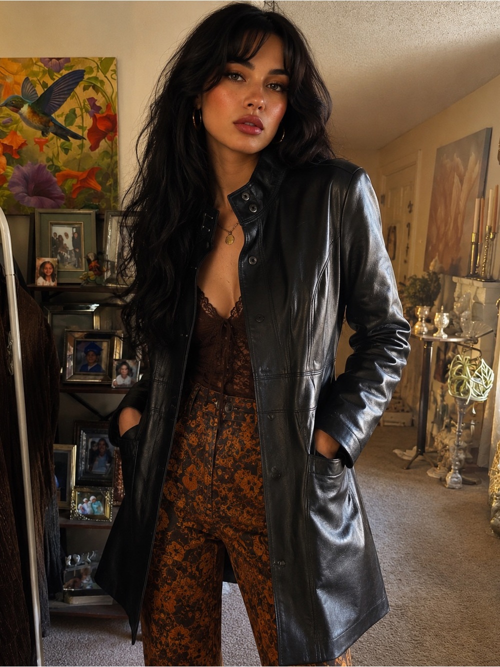 Elegant Black Trench Leather Women's Jacket